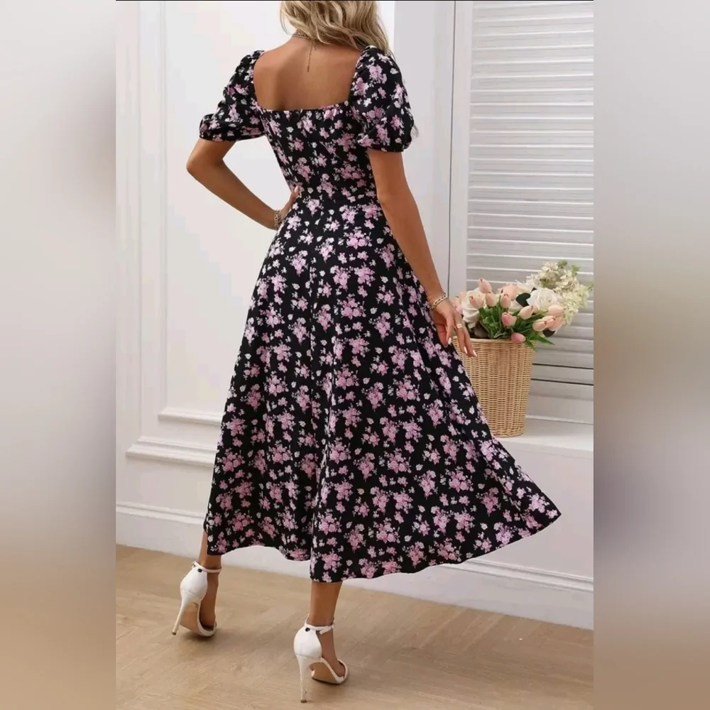 NEW Boho Floral Print Milkmaid Tie Midi Dress Black - Picture 5 of 8